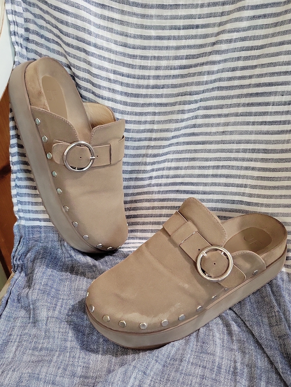 JF Women’s Taupe Suede Clog Mules with Decorative Studs and Buckle Size 7